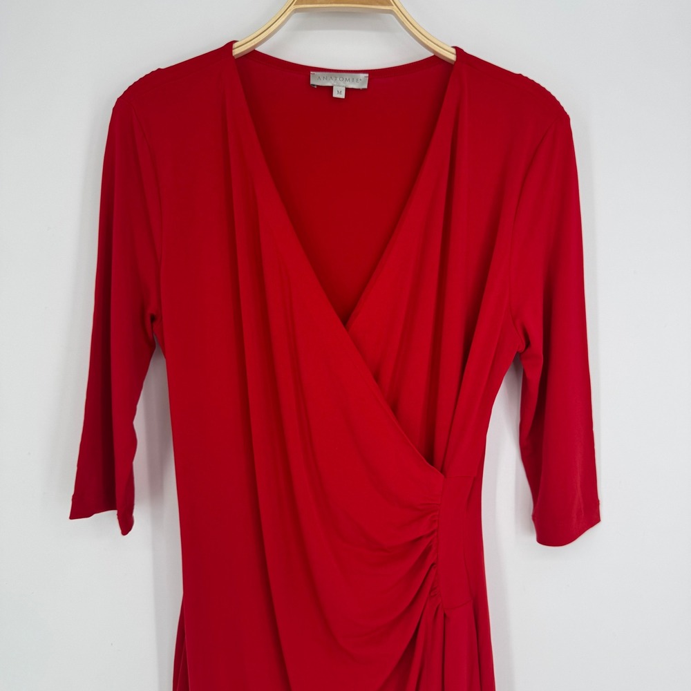 Anatomie Marine Travel Dress Medium Atomic Red Ruched Faux Wrap V-Neck Stretch - Picture 4 of 9
